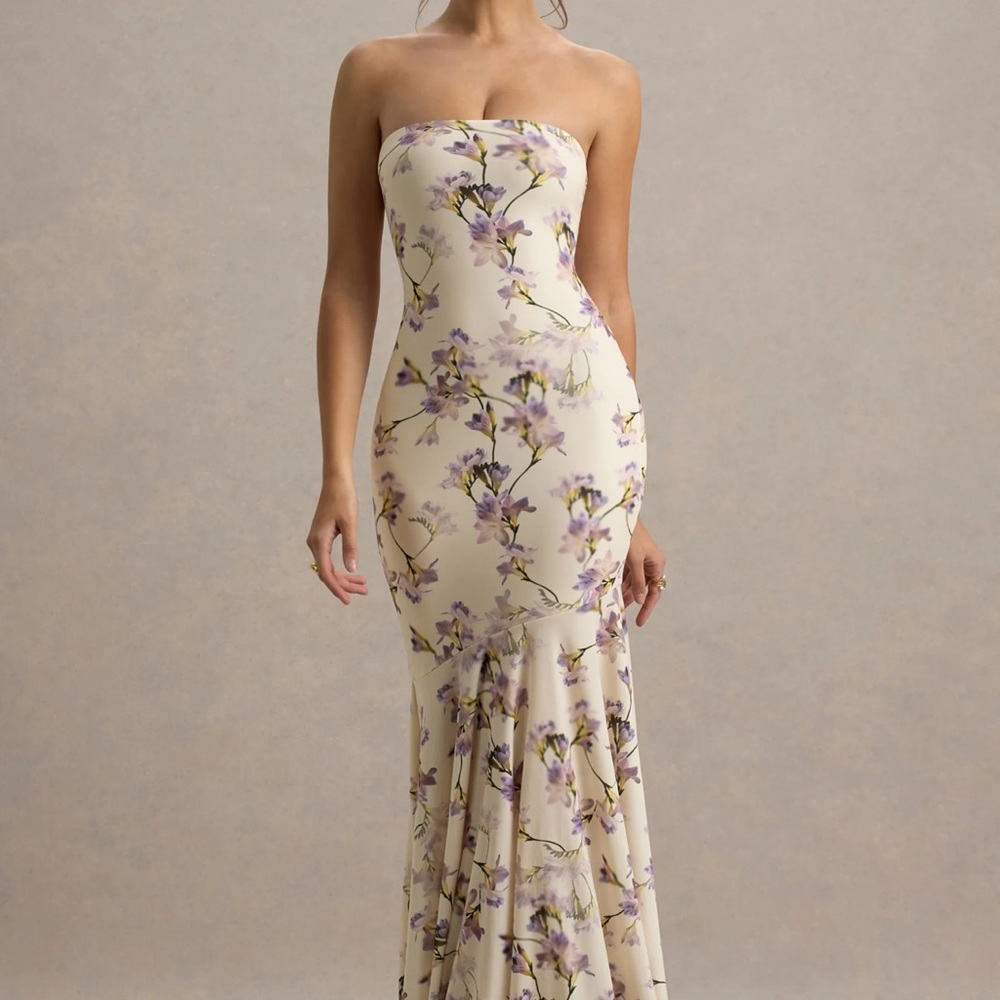 Club L London Callie Lemon floral print bandeau fishtail maxi dress
